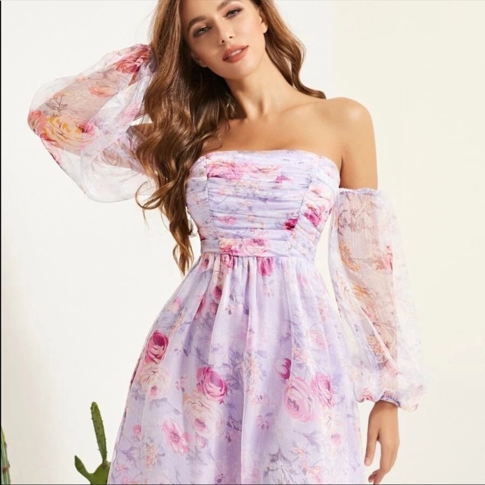 lantern sleeve ruched bodice floral mesh dress